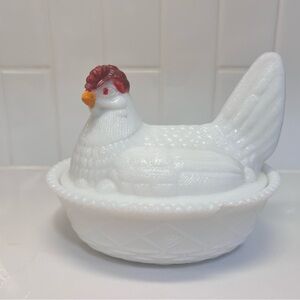 Vintage Milk Glass Hen on Nest Covered Dish Red Crown 5”